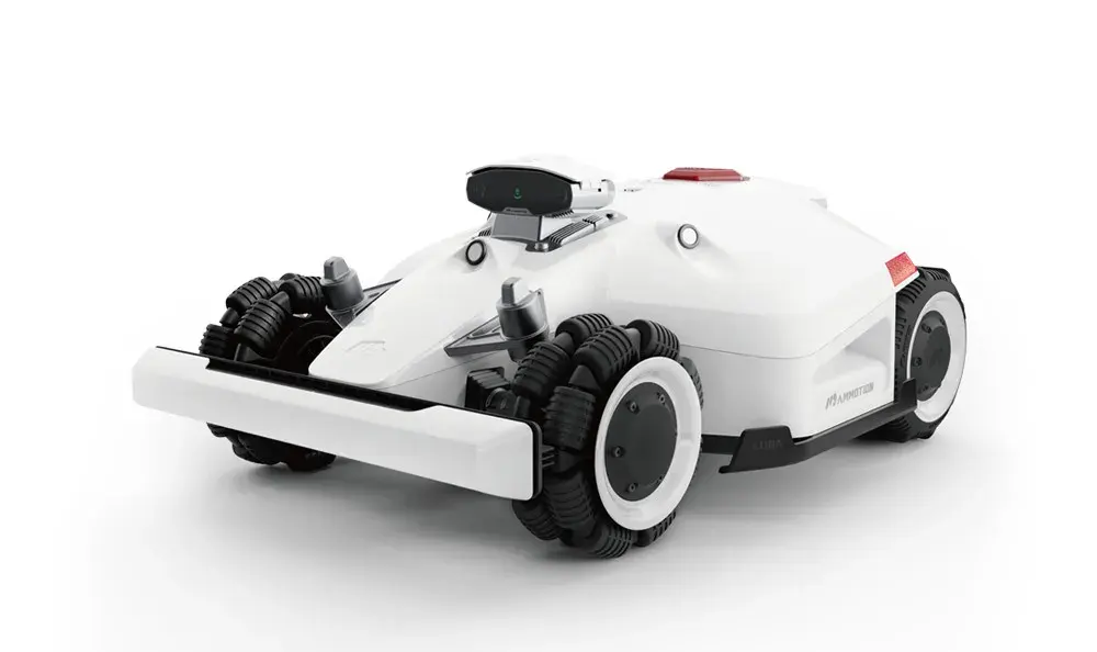 Mammotion Luba2 lawn mowing robot on a white background. A small 4 wheeled structure in a sleek white body with black wheels and red accents.